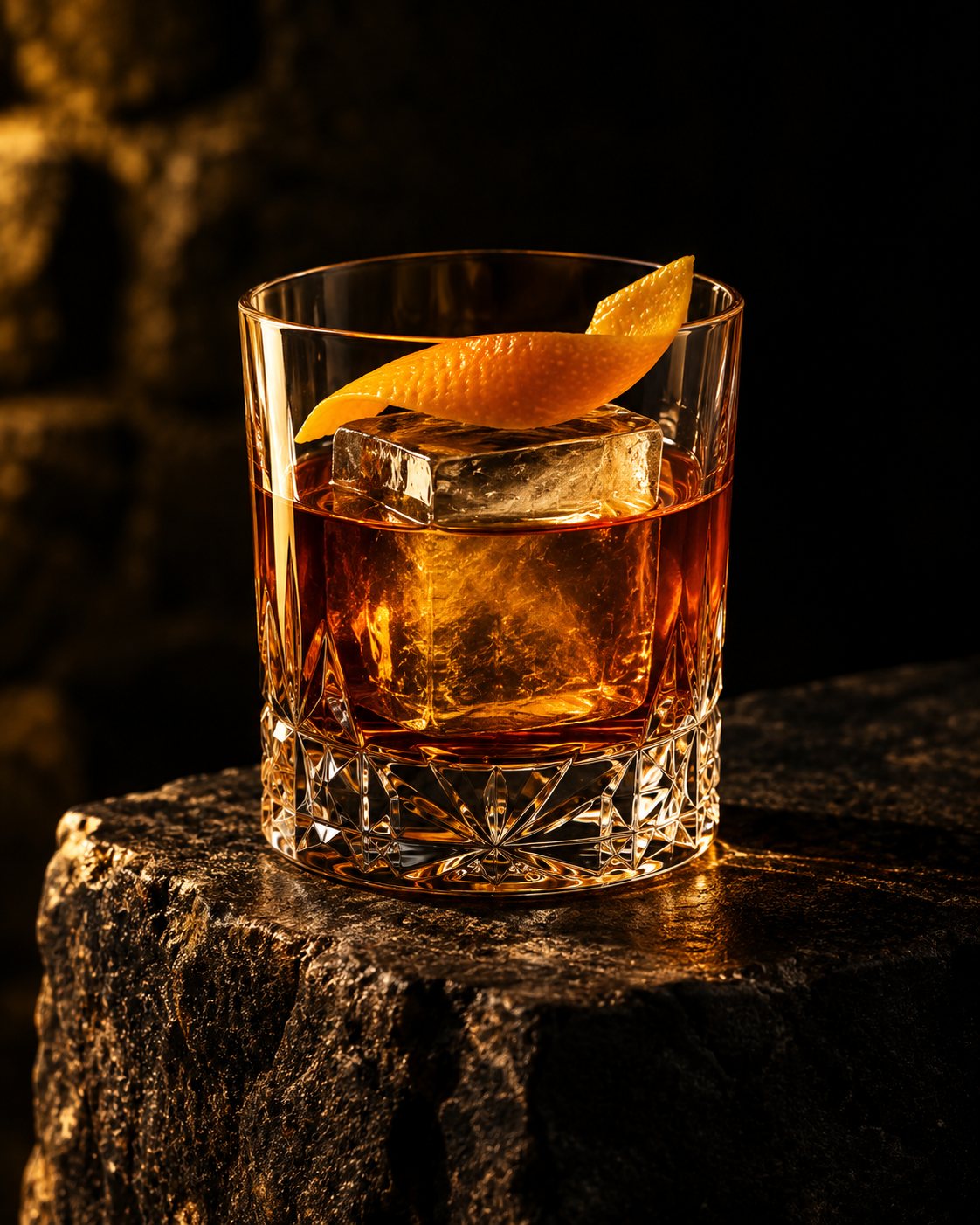 The Citadelle: a deep amber stirred rum cocktail over one large ice cube