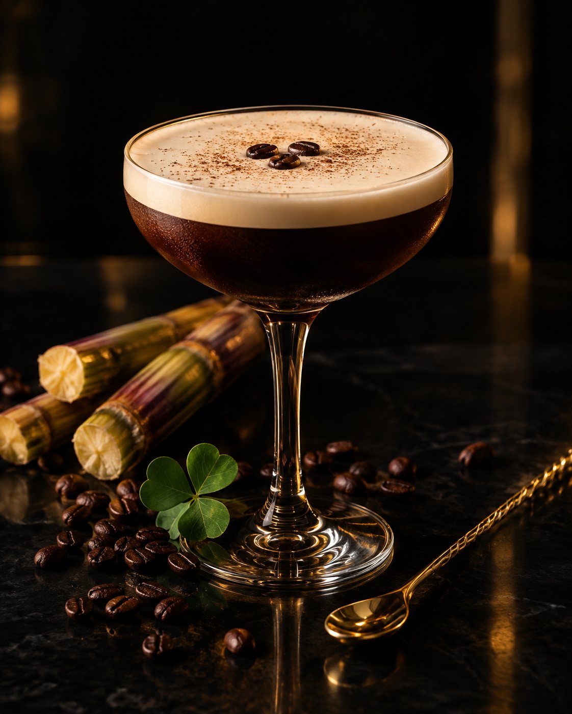 The Clover & Cane cocktail: a dark coffee cocktail with a cream float in a coupe