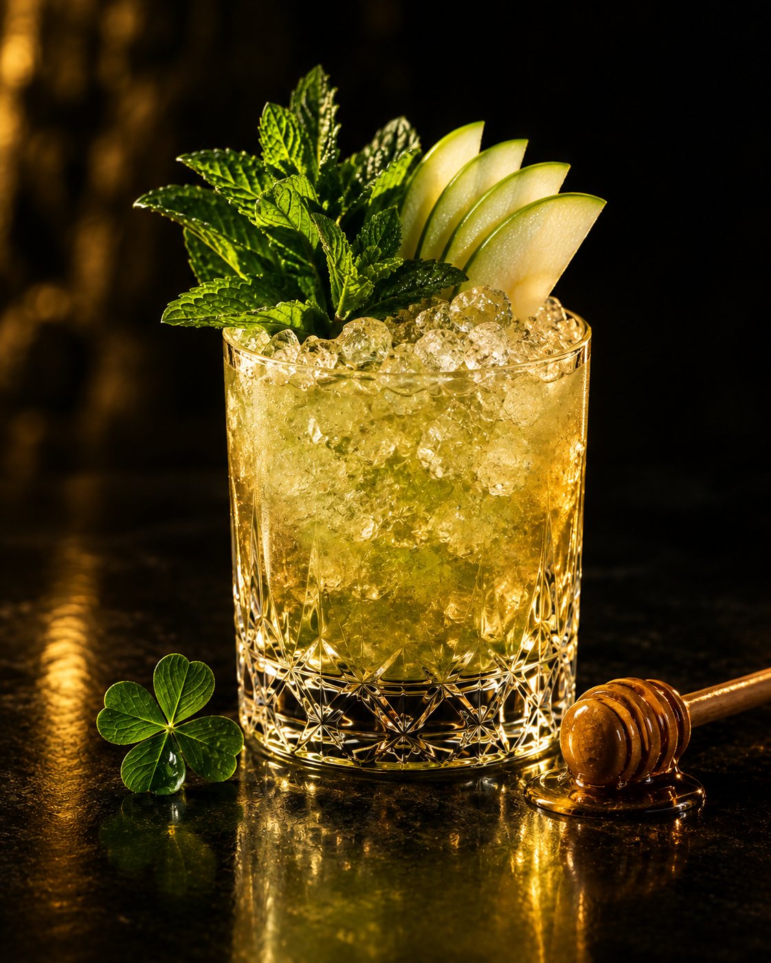 Lucky Four-Leaf: a pale green whiskey cocktail over crushed ice with mint