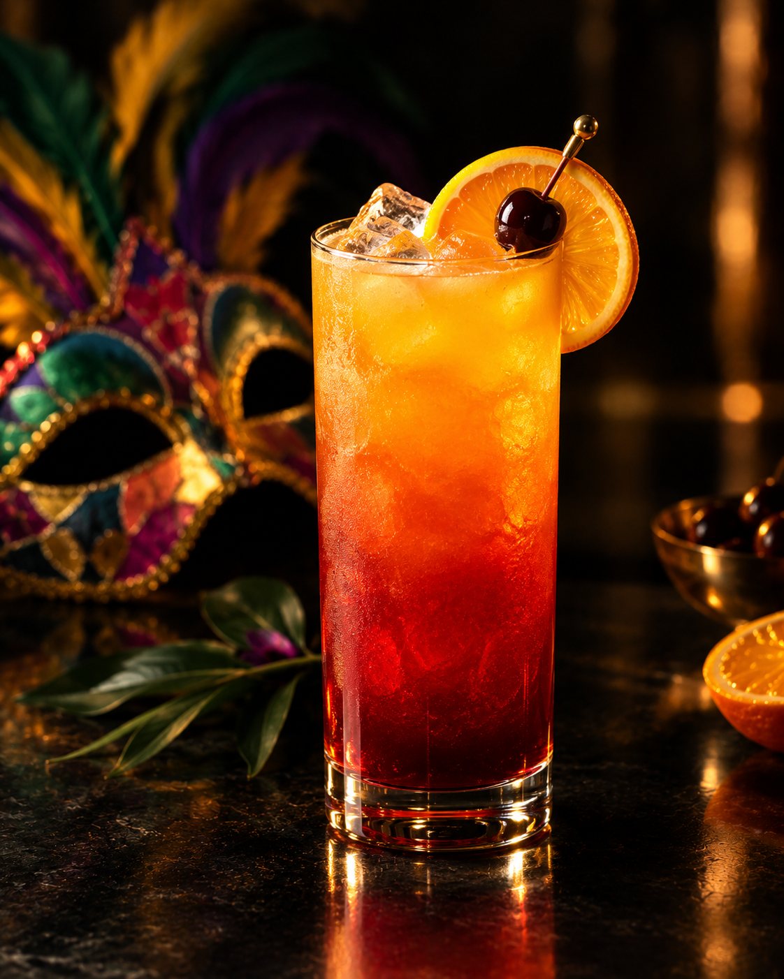 Sunset in Jacmel: a tall cocktail fading from gold to deep red