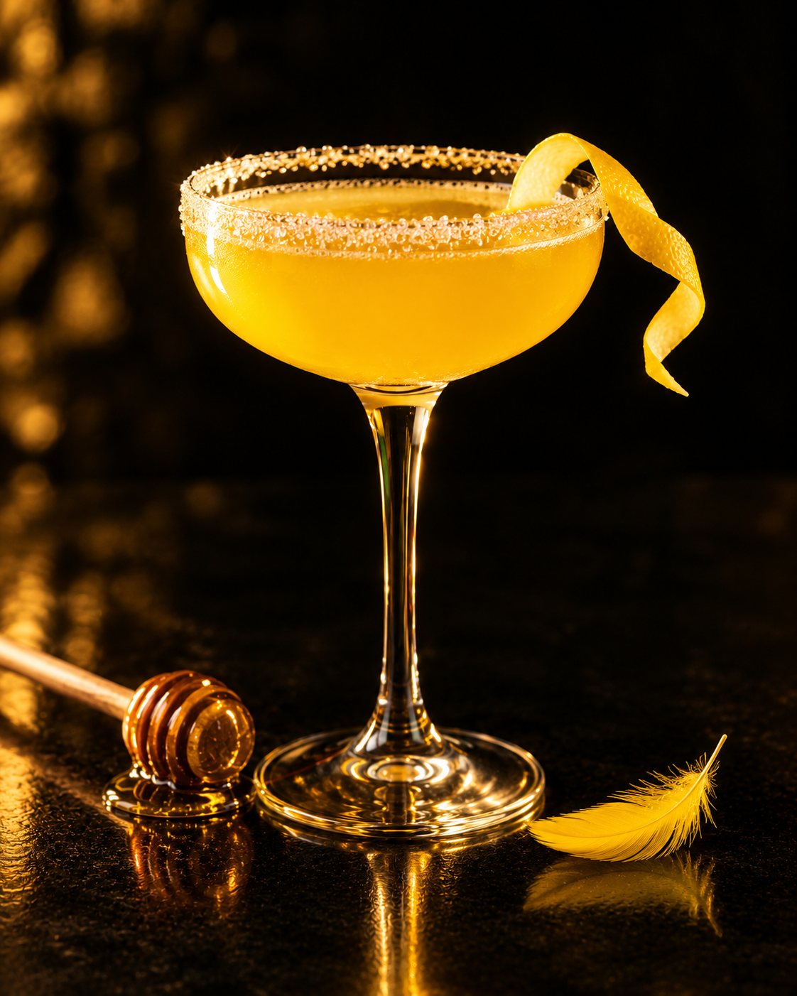 Zwazo Jòn (Yellow Bird): a bright yellow cocktail with a sugar rim